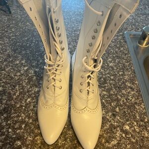 Cream Lace-Up Pointed Toe Women's Boots with Brogue Detail